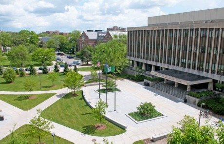 MSU admin building. Paths lead to and from a building.